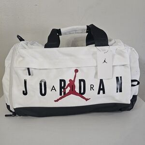 Nike Jordan Air White and Black Velocity Duffel Bag with Red Logo~Large